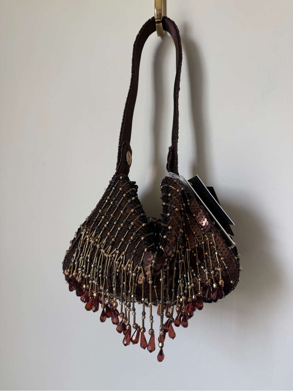 Beaded brown gold Sequin fringe Evening shoulder Bag